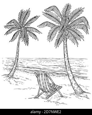 Skizzieren Sie die Palmenlandschaft. Tropischer Palmenstrand, exotische Bäume und Meereswellen. Vintage Hand Zeichnung Vektor entspannend Sommer Hintergrund. Sommer exotische tropischen Strand, Landschaft Meer und Palmen Illustration Stock Vektor