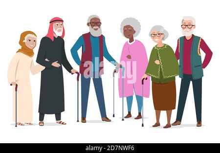 Internationale glückliche alte Leute. Ältere afroamerikaner, muslime und kaukasier Vektor-Illustration. Arabischer islam, muslimische Großmutter, zusammen multikulturelle Menschen Stock Vektor