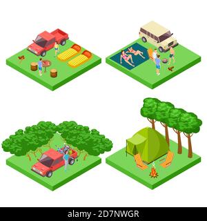 Vektor isometrische 3d Camping Lage des Satzes. Campingplatz für Camping, Picknick mit grill und Sonnenbaden Illustration Stock Vektor