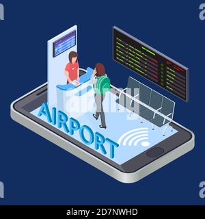 Online Check-in Service, mobile App isometrisches Vektor-Konzept für die Fernregistrierung. Darstellung des Service online auf mobile App, Flugregistrierung Stock Vektor