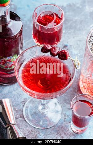 Roter alkoholischer Cocktail mit verschiedenen Barkeeper's Utensilien Stockfoto