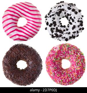 Set von Schokolade und rosa Erdbeere glasierte Donuts Draufsicht Isoliert auf weißem Hintergrund Stockfoto