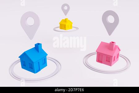 Bunte Häuser und Standort themed 3d-Illustration. Immobilien und Gehäuse themed 3d Rendering mit gps-Zeiger. Stockfoto