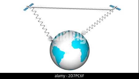 Senden von Daten von Erde zu Satellit. Digitales Datenverbindungskonzept. Datenversendungskonzept. Kommunikationskonzept auf der ganzen Welt per Funkwelle Stockfoto