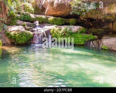 Atemberaubende Oase namens 'la piscine naturelle', ein von Palmen gesäumtes Becken, das ständig von einem kristallinen Wasserfall gespeist wird, Isalo Nationalpark, Madagaskar Stockfoto