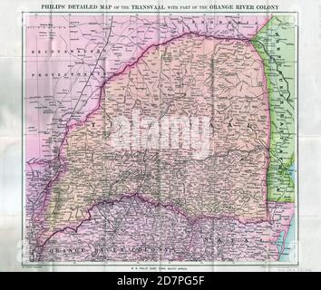 Südafrika Geschichte: Philips' detaillierte Karte des Transvaal mit einem Teil der Orange River Colony Ca. 1900 Stockfoto