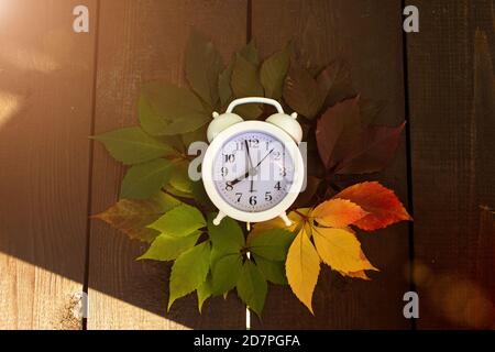 Herbstblätter und weiße Uhr mit Sonnenschein, Herbsthintergrund, Herbst Herbst Herbst bunte Blätter Übergang, Kopierraum Stockfoto