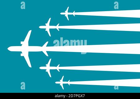 Draufsicht auf fliegende weiße Silhouetten große weiße Passagierflugzeuge Flache Vektorgrafik Stock Vektor