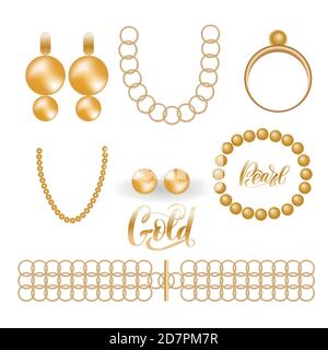 Schmuck Gold Vintage Mode realistische Set auf schwarzem Hintergrund Stock Vektor