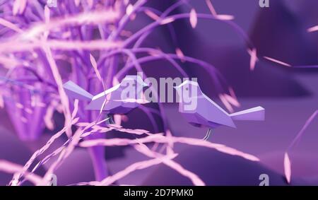 Zwei schöne Liebhaber low poly polygonal Vögel sitzen auf einem Zweig rosa Baum im Märchenwald, 3d-Rendering Stockfoto