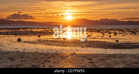 Sonnenuntergang über einem Fjord, Bergkette im Hintergrund, warmes Abendlicht, Mo i Rana, Nordland, Norwegen Stockfoto