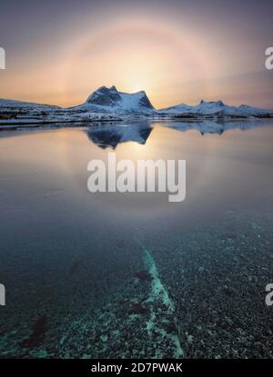 Sonnenring, Halo über schneebedeckten Bergkette Kulhornet, arktische Winterlandschaft, Kobbenestinden, vor Meer, Ballangen, Nordland, Norwegen Stockfoto