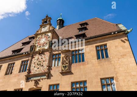 Kunstuhr am historischen Rathaus, astronomische Uhr, Mondphasenuhr, Sternkreisuhr, Heilbronn, Baden-Württemberg, Deutschland Stockfoto