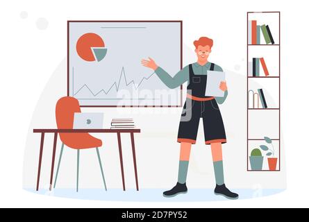 Student junge studieren im Klassenzimmer Vektor-Illustration. Cartoon College oder Universität männlich Student Ausbildung, zeigt Diagramm Diagramm Diagramm Datenanalyse auf Whiteboard im Klassenzimmer innen isoliert auf weiß Stock Vektor