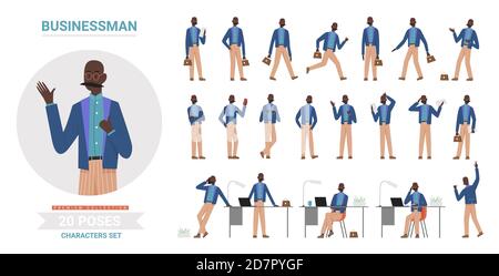 Geschäftsmann posiert Infografik Vektor Illustration Set. Cartoon Business Büroarbeiter Mann mit Schnurrbart zeigt verschiedene Gesten, Manager arbeitet mit Laptop, Haltung Sammlung isoliert auf weiß Stock Vektor