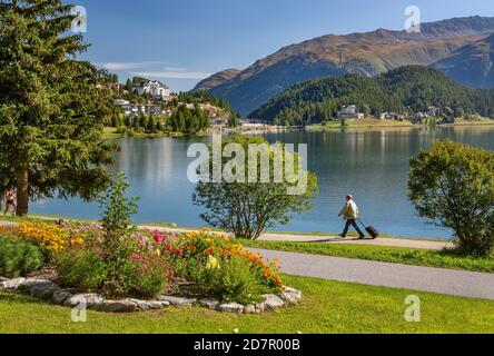 St. Moritzersee, St. Moritz, Berninaalpen, Oberengadin, Engadin, Graubünden, Schweiz Stockfoto