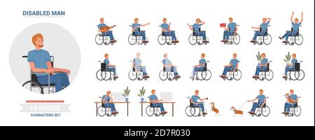 Behinderter Mann Posen Vektor Illustration Set. Cartoon bärtig lächelnden männlichen Charakter mit körperlicher Behinderung im Rollstuhl sitzen, Geste oder Ausdruck Sammlung von behinderten Menschen auf weiß isoliert Stock Vektor
