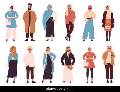Muslime Mode Vektor Illustration Set. Cartoon flach Arabisch modische moderne Kleidung Stil für muslimische Frau und Mann, weibliche Charaktere in Hijab, männliche arabische saudische Kleidung auf weiß isoliert Stock Vektor