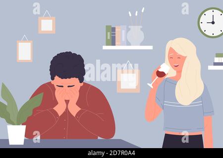 Frau in Wein Alkoholismus Vektor-Illustration. Cartoon unglücklich Mann sitzt zu Hause Schreibtisch, Denken über Probleme der paar Stress Beziehung, weibliche Figur hält Rotwein Alkohol Glas Hintergrund Stock Vektor