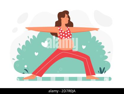 Schwangerschaft Meditation Yoga flache Vektor-Illustration. Cartoon schöne schwangere Frau Charakter entspannend, meditieren in Lotus Yoga Asana Pose, Musik hören in Wohnung Innenhintergrund Stock Vektor