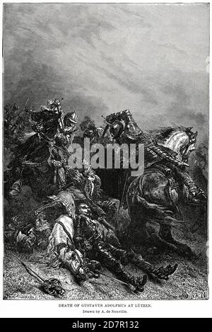 Tod von Gustavus Adolphus in Lutzen, gezeichnet von A. de Neuville, Illustration, Ridpath's History of the World, Band III, von John Clark Ridpath, LL. D., Merrill & Baker Publishers, New York, 1897 Stockfoto