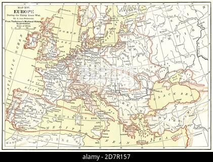 Karte XVI, Europa, während des Dreißigjährigen Krieges, von A. von Steinwehr, aus Thalheimer's Medieval History by Permission, Illustration, Ridpath's History of the World, Band III, von John Clark Ridpath, LL. D., Merrill & Baker Publishers, New York, 1897 Stockfoto