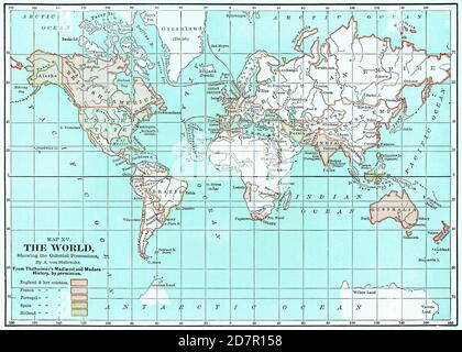 Karte XV, The World Showing the Colonial Possessions, von A. von Steinwehr, aus Thalheimer's Medieval and Modern History, mit Genehmigung, Farbillustration, Ridpath's History of the World, Band III, von John Clark Ridpath, LL. D., Merrill & Baker Publishers, New York, 1897 Stockfoto