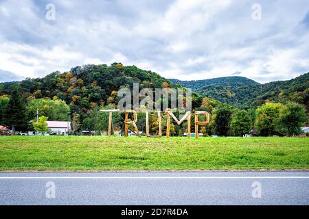 Davis, USA - 5. Oktober 2020: West Virginia Land in Tucker County mit republikanischen Trump Präsidentschaftswahl Holzschild mit Nachtillum Stockfoto