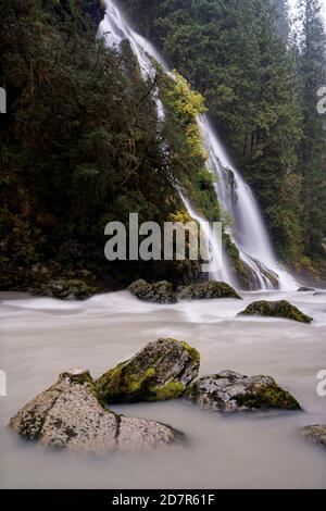 UN-Named Creek fällt über Feature Show Falls und in Boulder River, Boulder River Wilderness, Central Cascades, Washington, USA Stockfoto