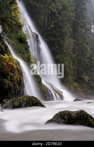 UN-Named Creek fällt über Feature Show Falls und in Boulder River, Boulder River Wilderness, Central Cascades, Washington, USA Stockfoto