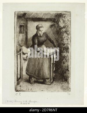 Woman at the Gate - 1889; Camille Pissarro; Französisch; 1830-1903 (Radierung; Aquatinta; und Trockenpunkt in schwarz auf grün-blau gedecktem Papier) Stockfoto