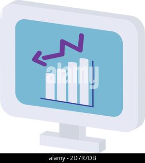 Symbol des Computers mit Balkendiagramm auf dem Bildschirm über weißem Hintergrund, flacher Stil, Vektorgrafik Stock Vektor