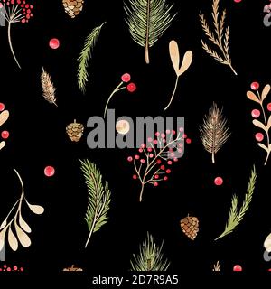 Nahtloses Muster Weihnachten Boho Elemente. Aquarell Winter Blumenset. Die Feiertagszweige, die Blätter, die Zapfen, die Beeren, die Nadelzweige, die Blätter auf dem Bla Stockfoto