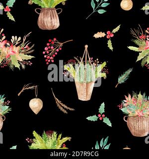 Nahtloses Muster Winter Blumenarrangement auf schwarzem Hintergrund. Botanische Kollektion von dekorativen Elementen für Weihnachtshochzeits-Einladungen, postc Stockfoto