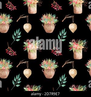 Nahtloses Muster Weidenkorb Zusammensetzung Blumen, Zweige, Blätter, Beeren, Nadeln, immergrün. Blumenelement Winter-Arrangement für Zuhause Interieur Stockfoto