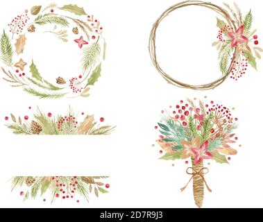 Frohe Weihnachten Urlaub Kranz. Blumenrahmen im Winter. Gold Hand Schriftzug Scrapbooking Set. Hochzeit Weihnachtskarte. Scrapbook Elemente Vektor Stock Vektor