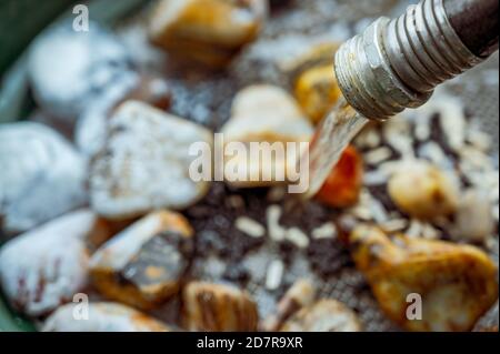 Letzter Schritt bei der Reinigung polierter Steine - gemeinsames Hobby Stockfoto