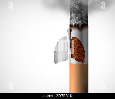 Lunge und Rauchen medizinisches Konzept als brennende Zigarette mit der Asche als menschliches Atmungsorgan als Nikotinsucht und Rauchen Gewohnheit Risiko geformt. Stockfoto