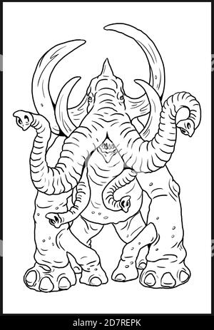 Fantasy Elefant mit großen Stoßzähnen Zeichnung. Monster Mutant Färbung Vorlage. Stockfoto