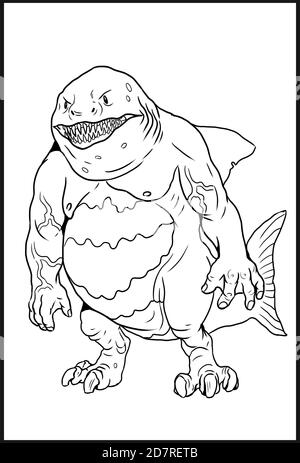 Fantasy Haifisch Mann Zeichnung. Monster Hai Färbung Vorlage. Stockfoto