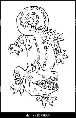 Fantasy Hai Gekko Zeichnung. Monster Hai Färbung Vorlage. Stockfoto