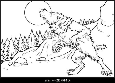 Werwolf heult auf der Mondzeichnung. Fantasy Monster Färbung Vorlage. Stockfoto