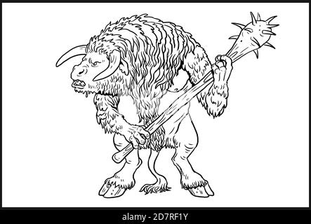 Minotaur-Zeichnung. Riesige Fantasie Stier Färbung Vorlage. Stockfoto