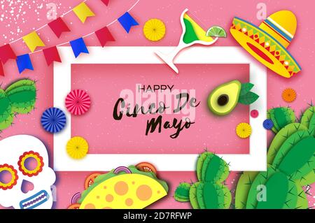 Happy Cinco de Mayo Banner in Papierschnitt-Stil. Origami-Fächer, Schädel, Tacos. Kaktus und Sombrero. Mexiko, Karneval.Raum für Text. Rosa Hintergrund. Stock Vektor