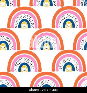 Rainbow Katzen nahtlose Kinder Muster. Niedliche handgezeichnete skandinavischen Stil Kinder Illustration. Kitty und abstrakte Regenbogen wiederholenden Hintergrund für Stockfoto