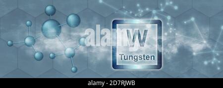 W-Symbol. Wolfram chemisches Element mit Molekül und Netzwerk auf grauem Hintergrund Stockfoto