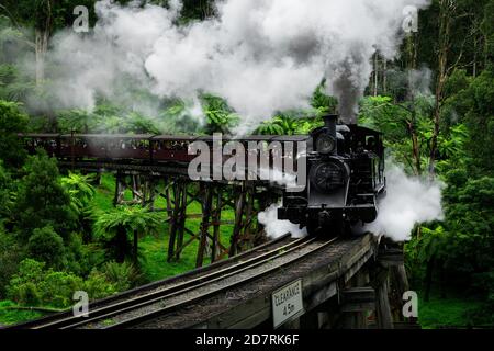 Berühmte Puffing Billy Dampfeisenbahn-Brücke in den Dandenong Ranges. Stockfoto