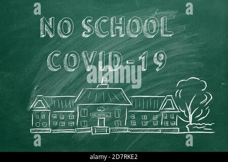 Schulgebäude und Schriftzug Keine Schule COVID-19 auf grüner Tafel. Handgezeichnete Skizze. Coronavirus-Konzept. Stockfoto
