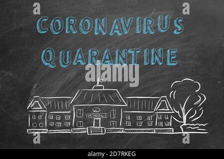 Schulgebäude und Beschriftung Coronavirus Quarantäne auf Tafel. Handgezeichnete Skizze. Coronavirus-Konzept. Stockfoto