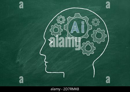 Menschliche Gehirnform von Zahnrädern im Inneren des menschlichen Kopfes auf Greenboard. Konzept der künstlichen Intelligenz. Stockfoto